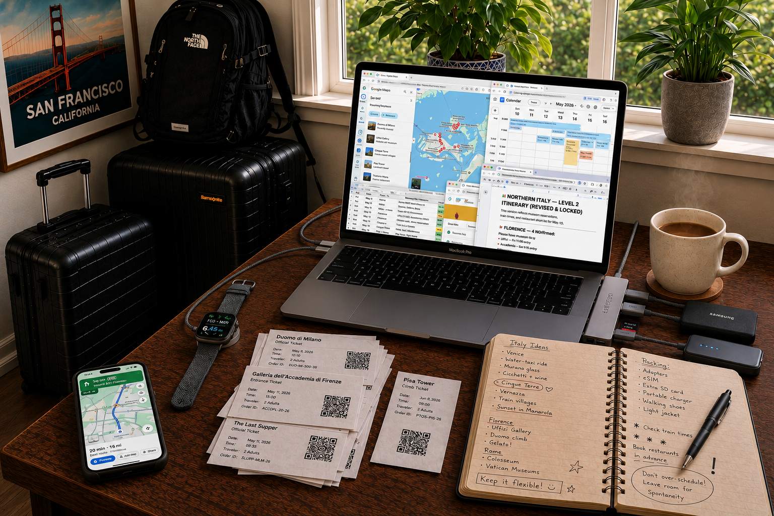 A lived-in travel-planning workspace with a laptop, handwritten notes, travel confirmations, a phone, coffee, and luggage.